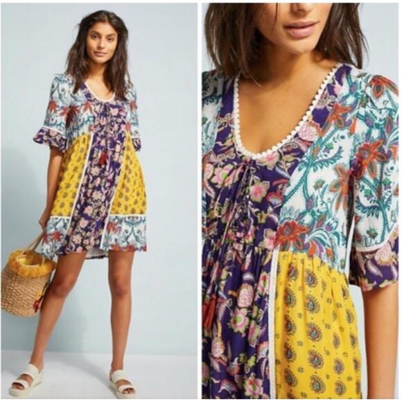 Anthropologie Dresses & Skirts - Anthropologie Lilka Dress Size XS Trapeze Multicolor‎ Purple Yellow Patchwork